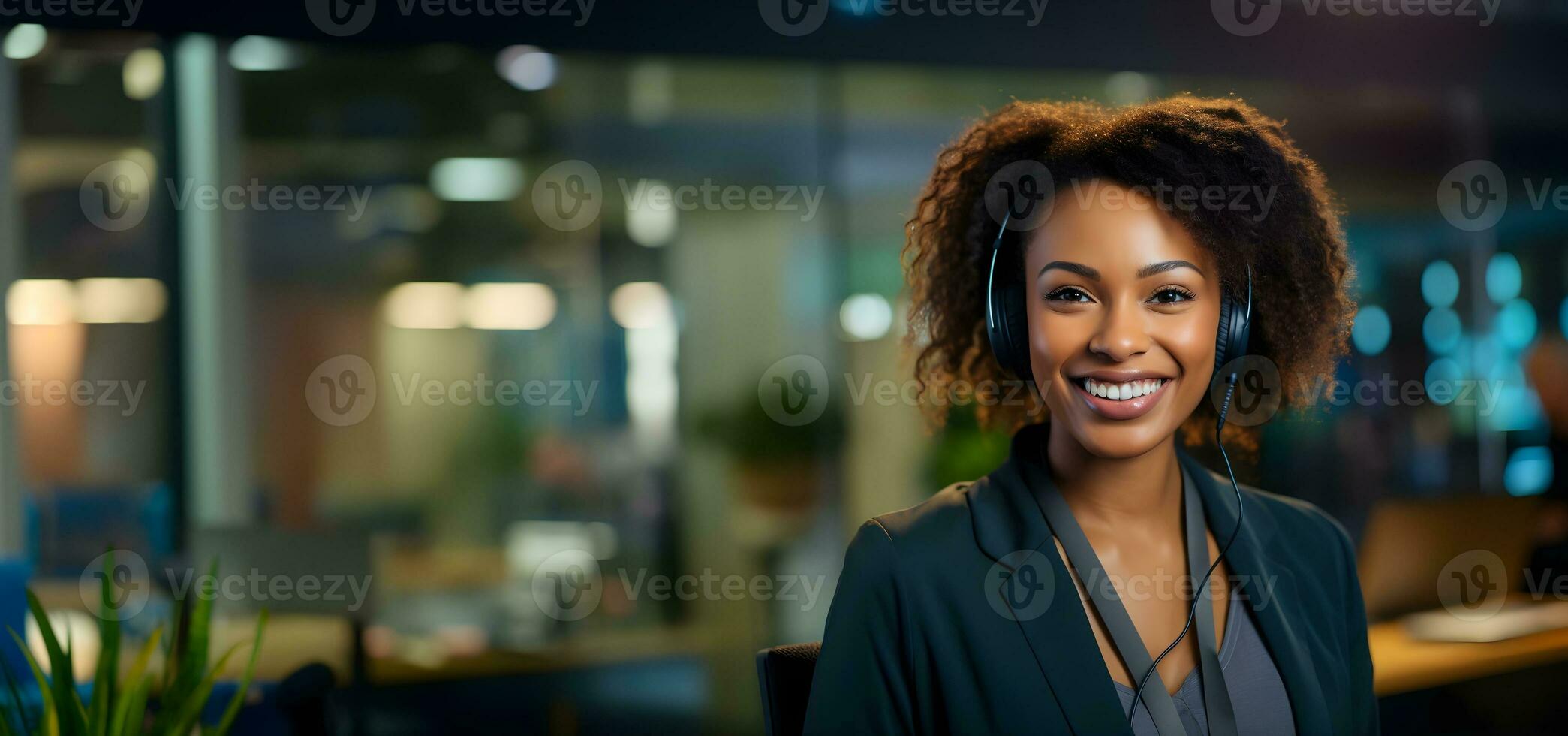 Female African American customer support agent working at a call center. Generative AI photo