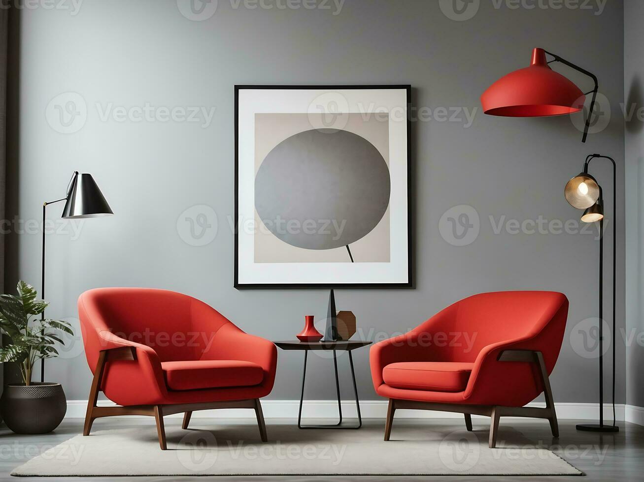 armchairs Yellow, red, pink, sky color and big mock up poster frame on the gray wall. Mid-century interior design of modern living room, Generate ai photo