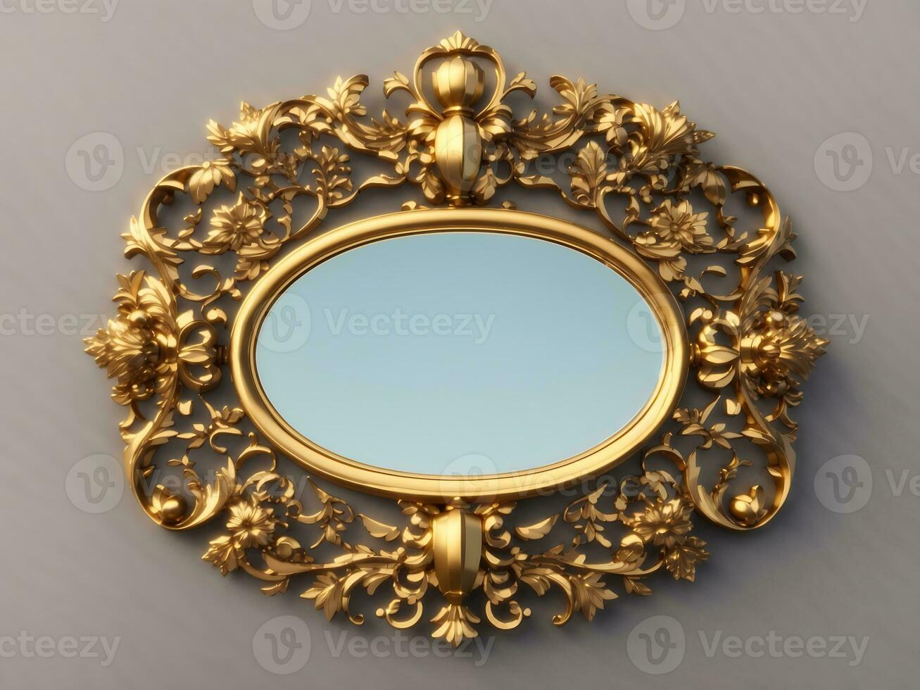 Gold antique rectangular picture or mirror frame, richly decorated. 3D looping animation with alpha matte. Front view, gently moving lights and reflections, Generate Ai photo