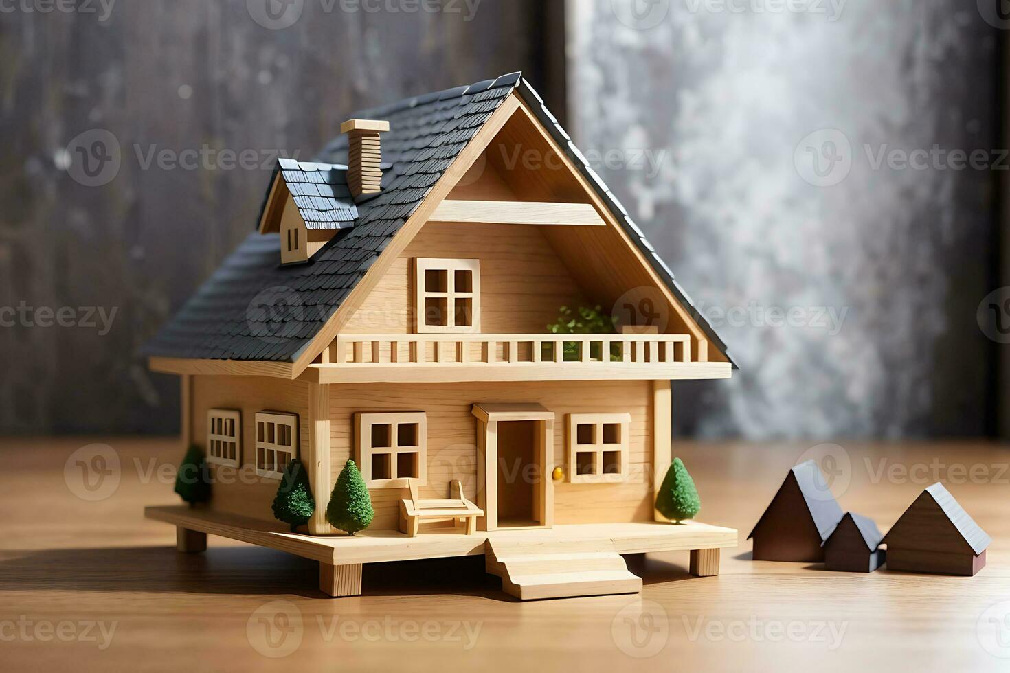 Wooden house model and real estate insurance ideas, and small shield icon. Housing insurance against impending loss and fire, building fire insurance concepts, Generate Ai photo