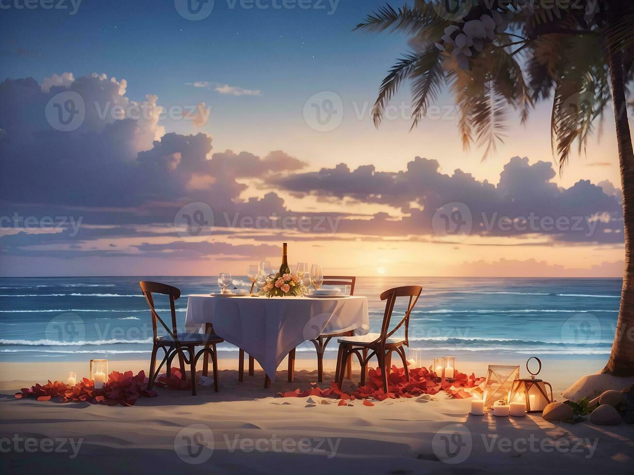 Romantic dinner table on the beach. Ai art, Generate Ai photo