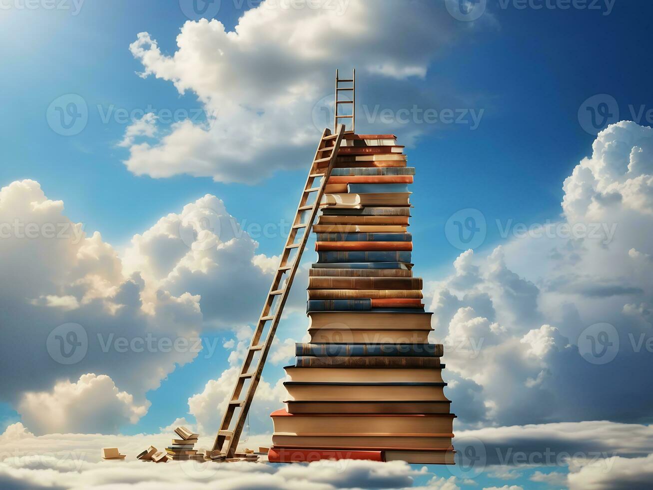Abstract book stack with ladder on sky with clouds background. Ladder going on top of huge stack of books. Education and growth concept. 3D Rendering, Generate Ai photo