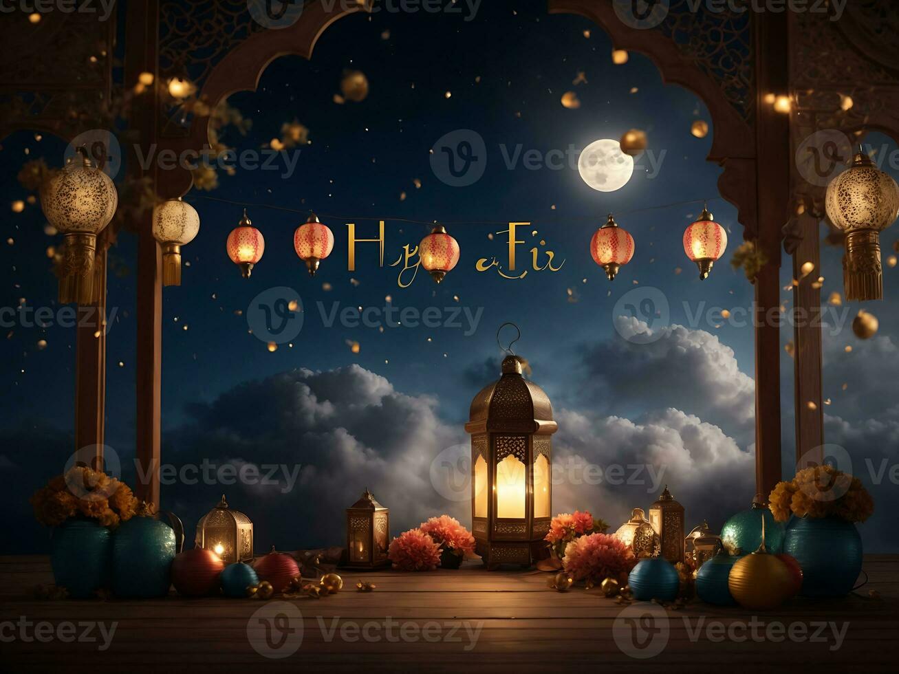 Happy eid ul fitr or eid ul adha  poster with a background of lanterns moon and clouds, 3d rendering photo