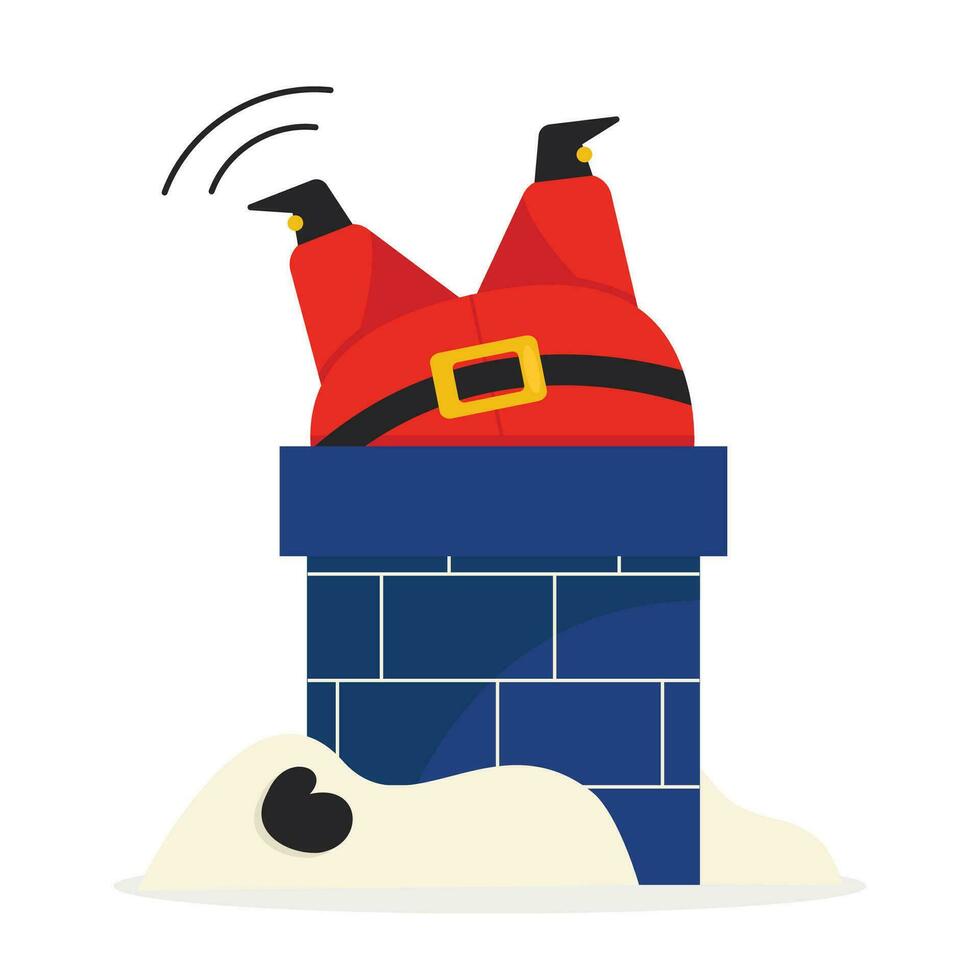 Cartoon Santa Claus walks around stuck in the chimney. Merry Christmas. Vector graphic.