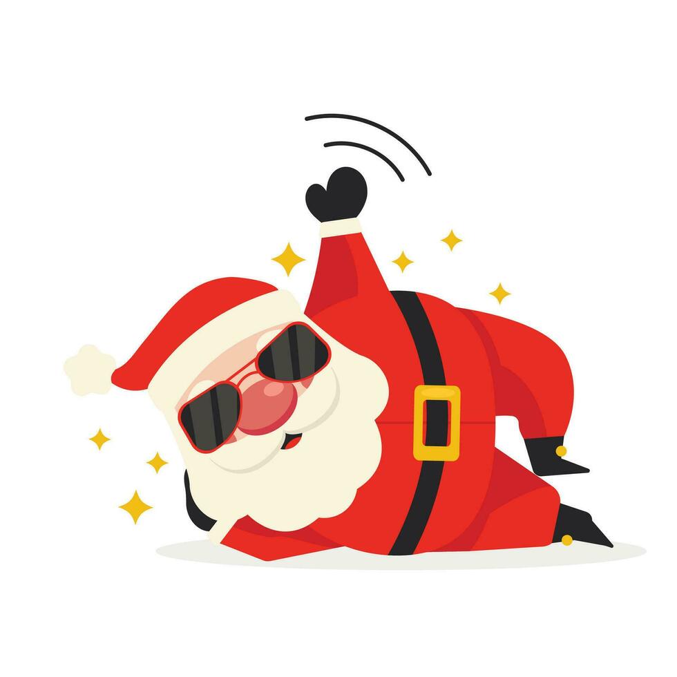 Cartoon Santa Claus walks in sunglasses, lies funny and waves his hand. Merry Christmas. Vector graphic.