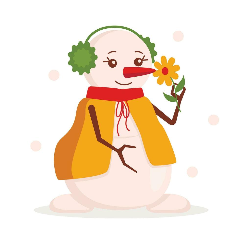 Cute snow woman in warm clothes and fur headphones smells a flower. Snowing. Vector graphic.