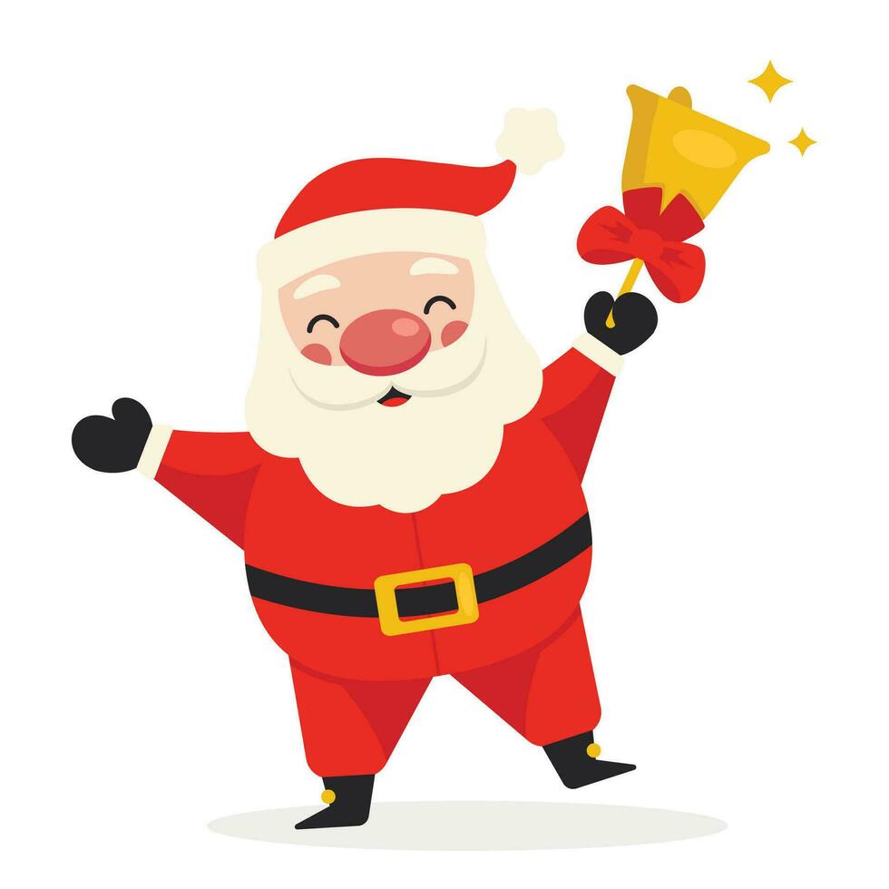 Cartoon Santa Claus walks ringing a bell with a bow. Merry Christmas. Vector graphic.