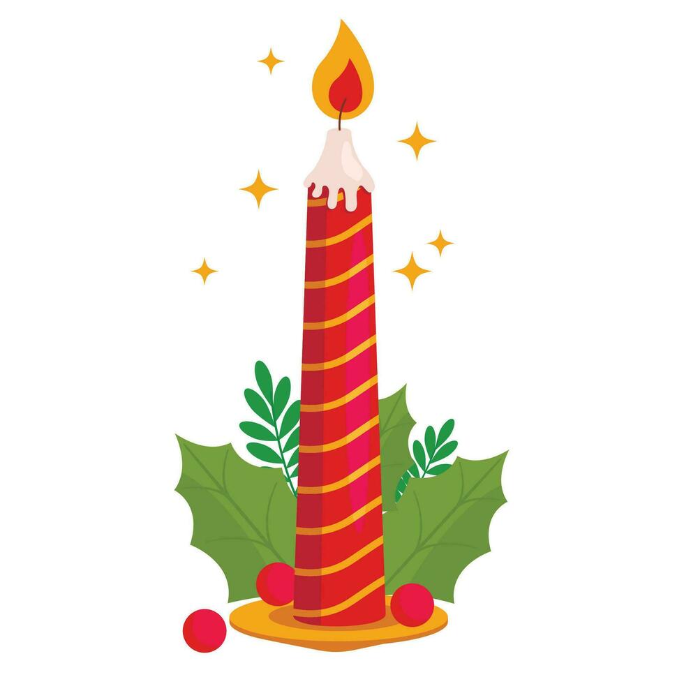 Beautiful and bright Christmas candle is burning. There are plant decorations around. Vector graphic.