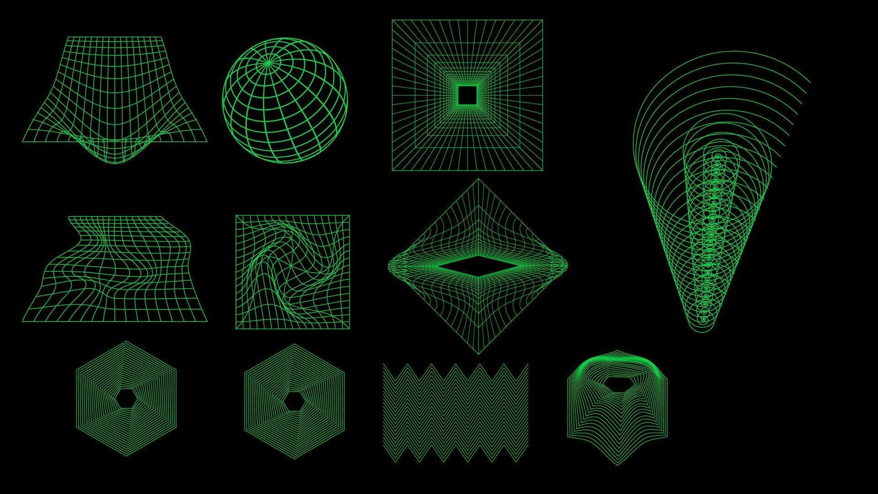 Set of Vector Y2K Wireframe elements. grid lines in green. wireframe 00s, 80s or 90s style. Retro cyberpunk style