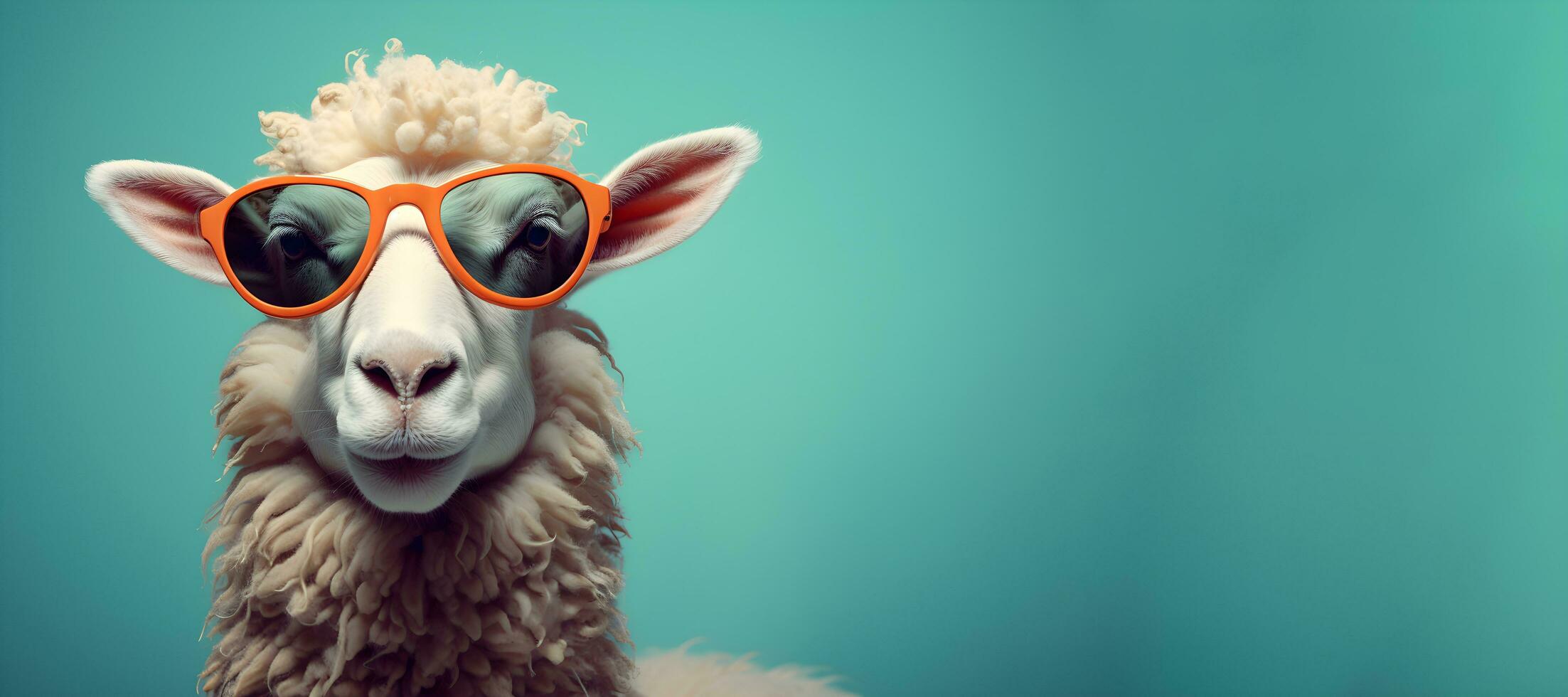 Creative animal concept. a sheep wearing sunglasses on a blue background, digital art, faceted, copy space. Generative AI photo