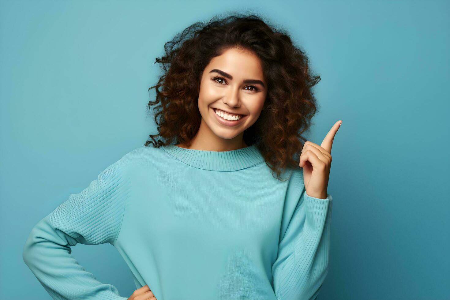 a woman with curly hair pointing to something, genarative ai photo