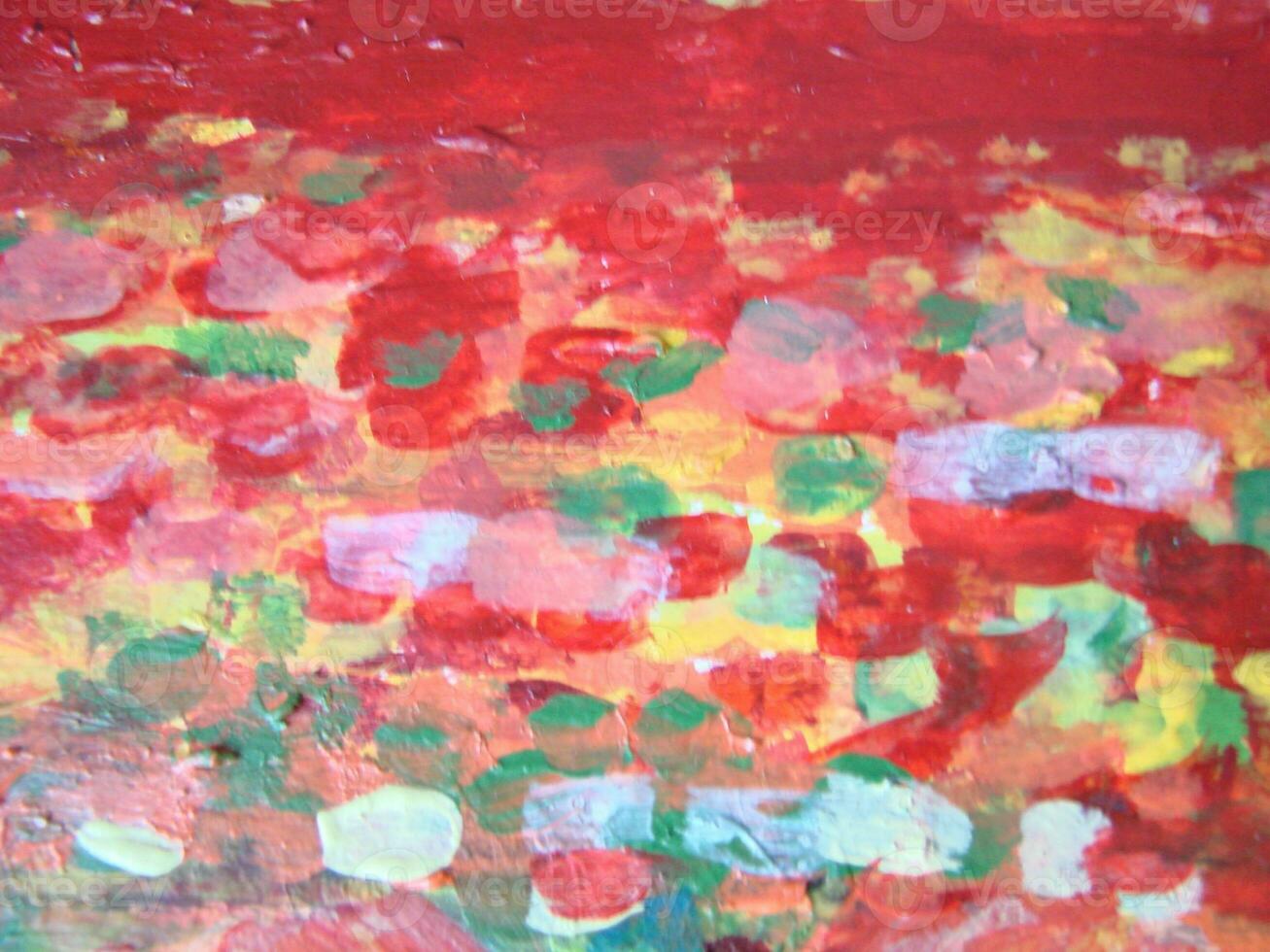 Close up detail of the brushwork in an abstract oil painting in blue, yellow, green and white showing the texture of the painting on canvas. photo