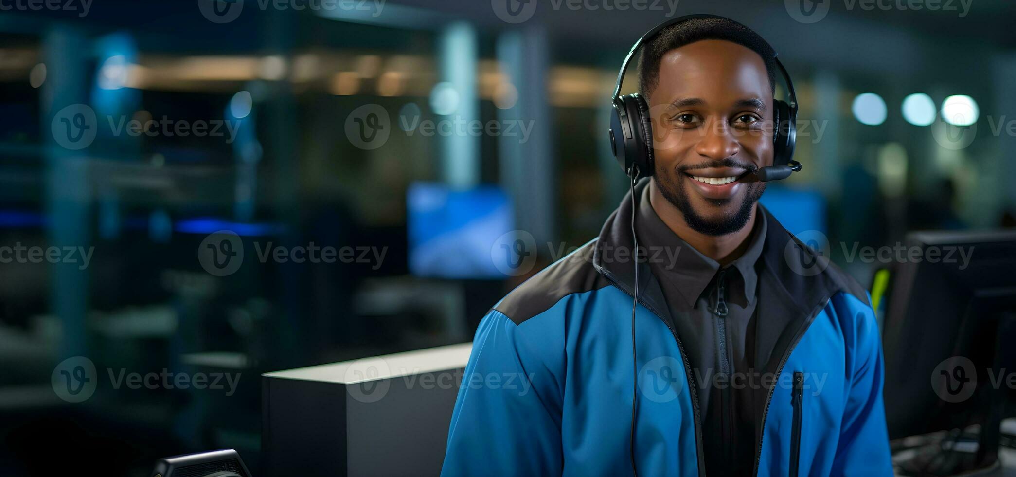 Happy smiling african american man working in call center. Generative AI photo