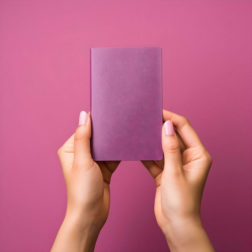 female  hands holding a small notebook or passport. genarative ai photo