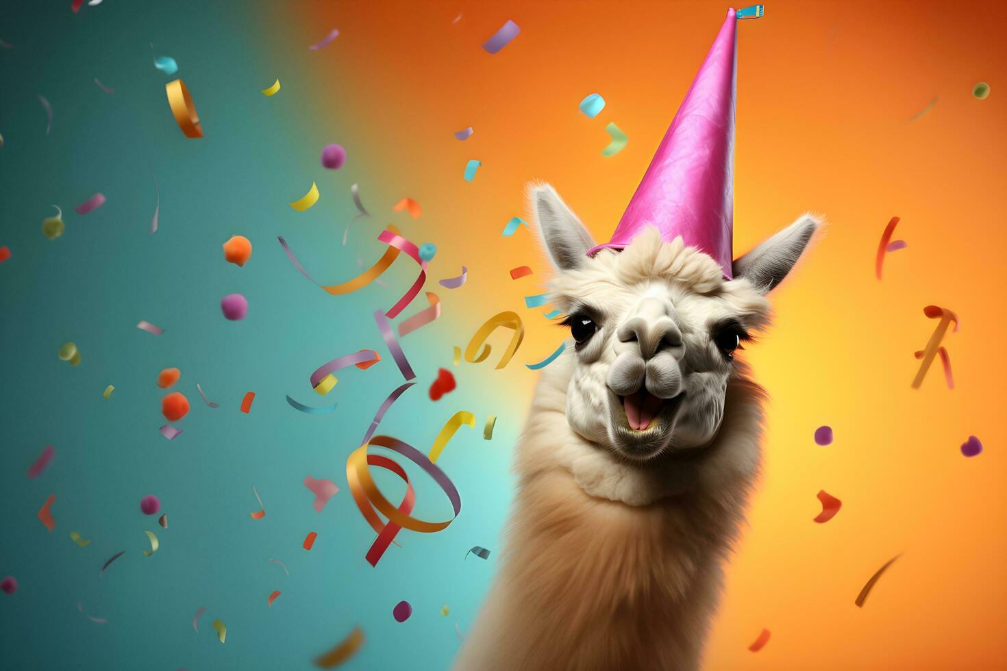 Creative animal concept. a llama wearing a party hat and confetti , digital art, faceted, copy space. Generative AI photo