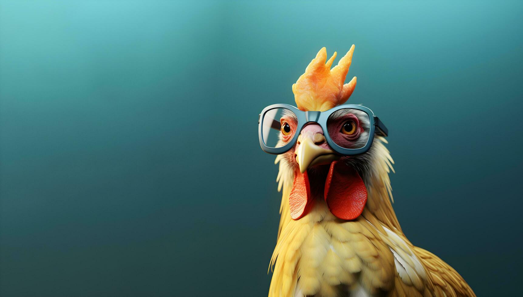 Creative animal concept.a chicken wearing glasses on a blue background , digital art, faceted, copy space. Generative AI photo