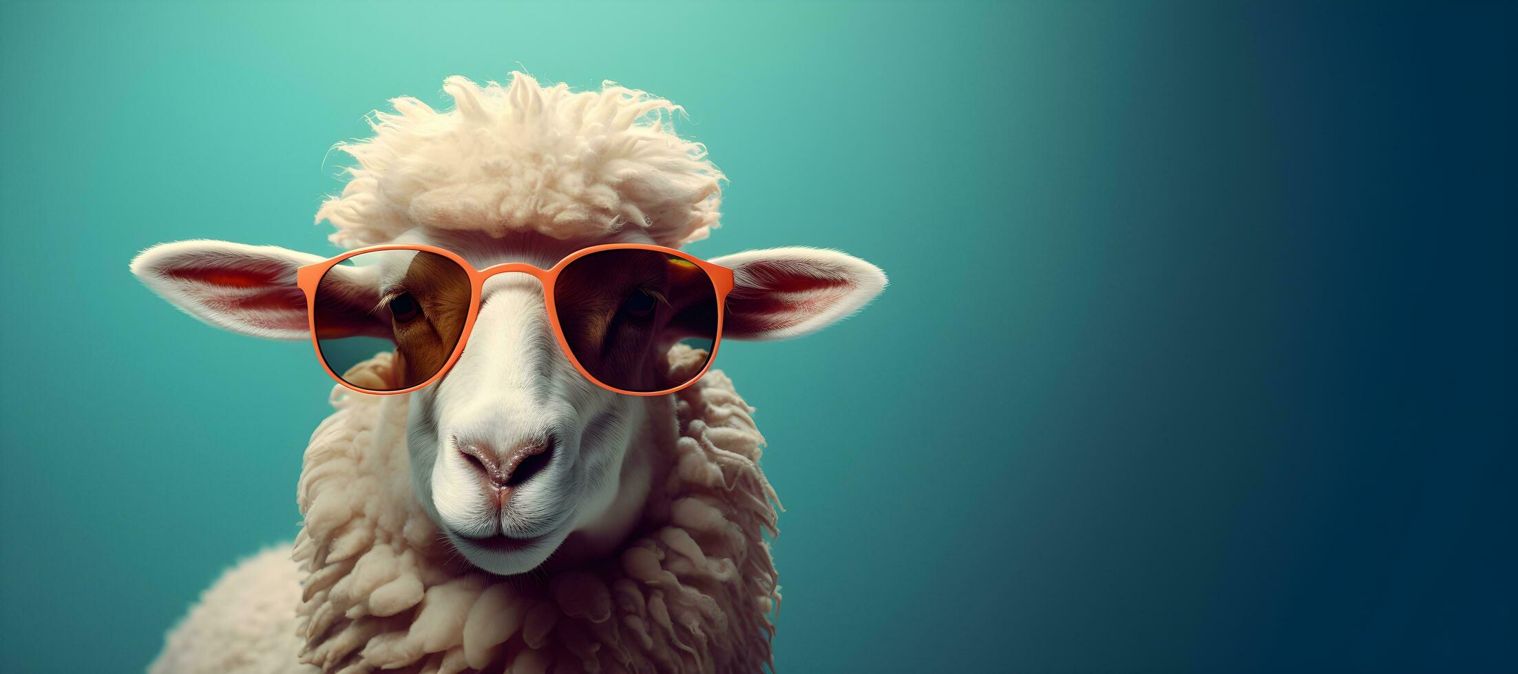 creativo animal concepto. un oveja vistiendo Gafas de sol en un azul fondo, digital arte, facetado, Copiar espacio. generativo ai foto