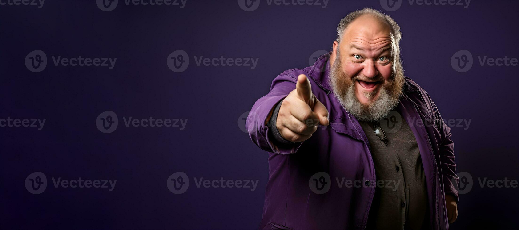 An excited fat man wearing a purple jacket and is giving a thumbs up. generative ai photo