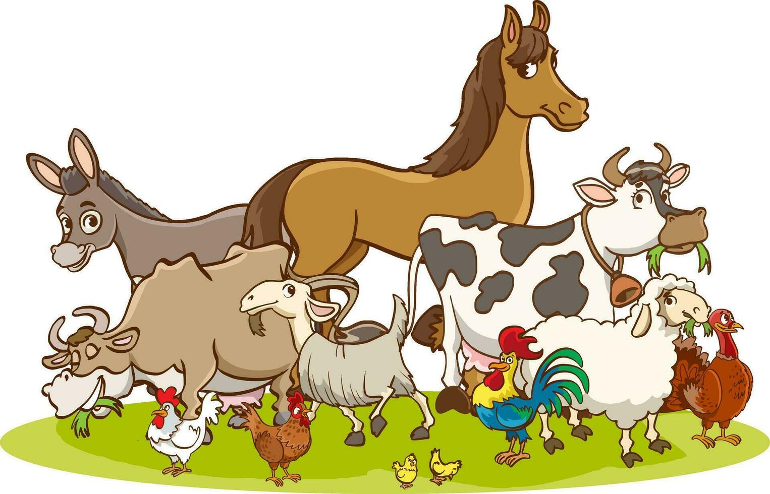 vector illustration of happy farmer family and farm animals