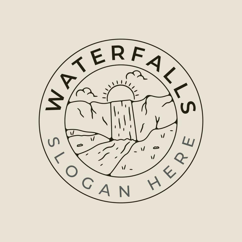 waterfall national park line art logo vector with emblem illustration template design.