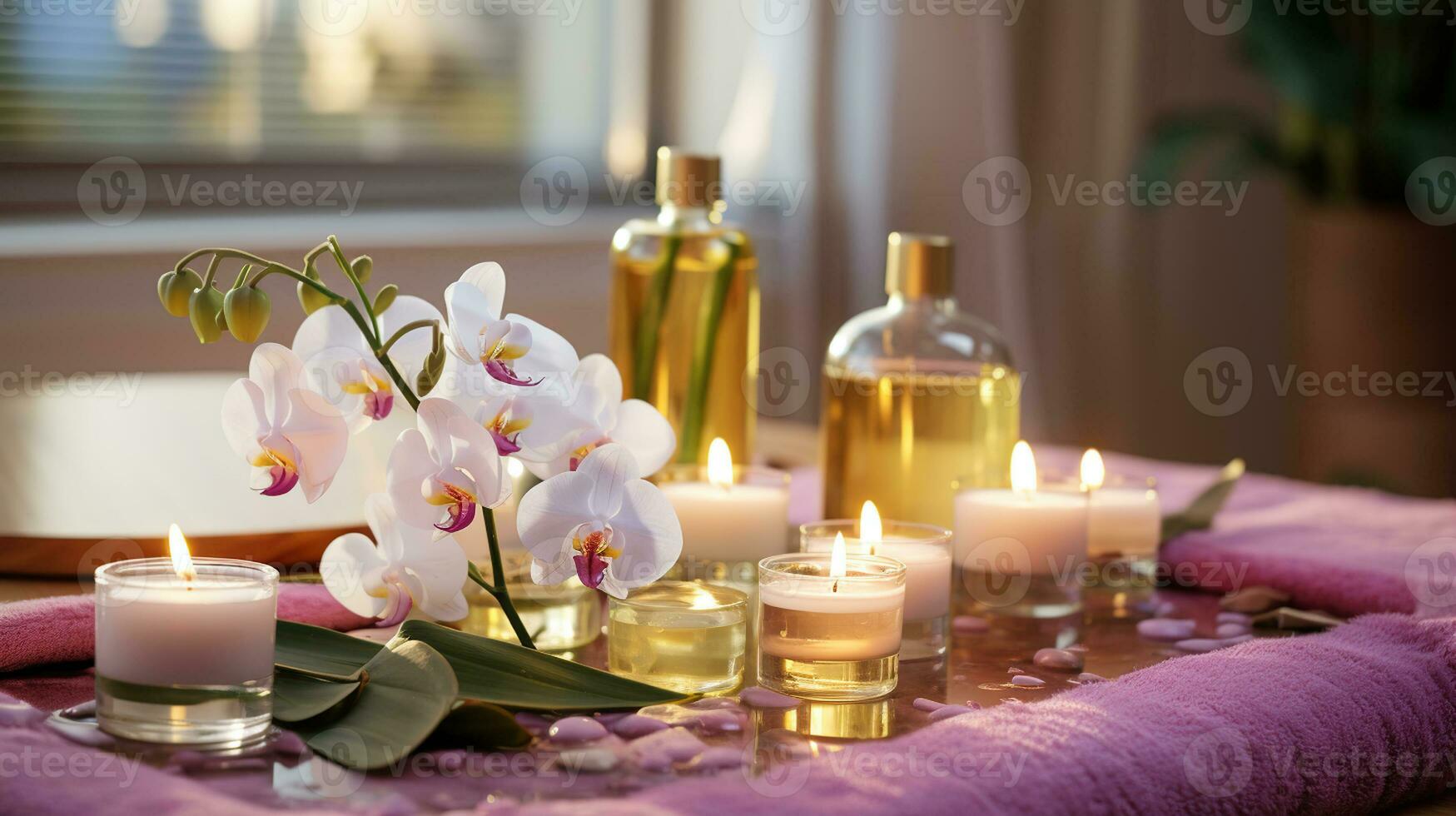 Beauty spa treatment with candles and flowers. Luxury spa. Generative AI photo