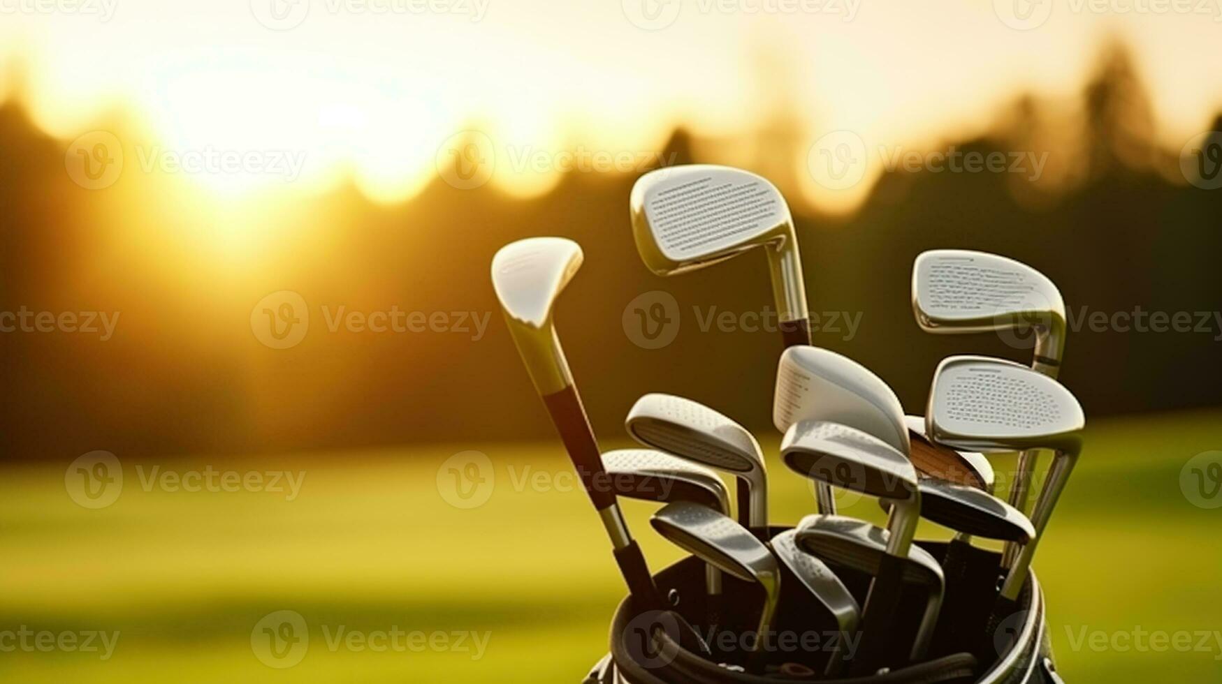 Golf Stick Bag over green field background. Summer sunset. Generative AI photo
