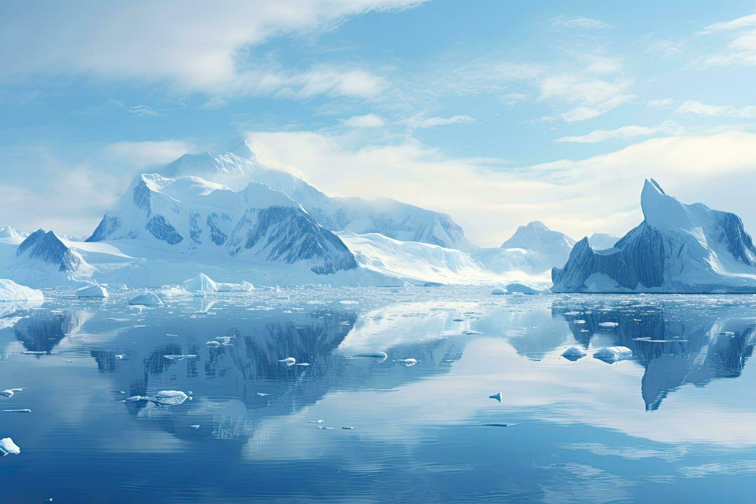 Antarctic landscape with icebergs and snow-capped mountains, Blue Ice covered mountains in south polar ocean. Winter Antarctic landscape, AI Generated photo