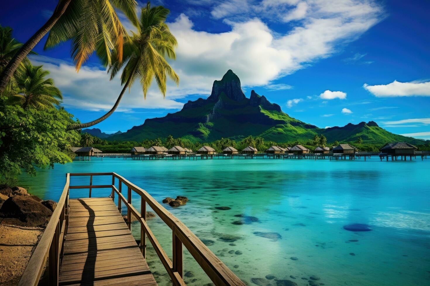 tropical isla con agua bungalows y palma arboles bora bora isla, francés Polinesia, ai generado foto