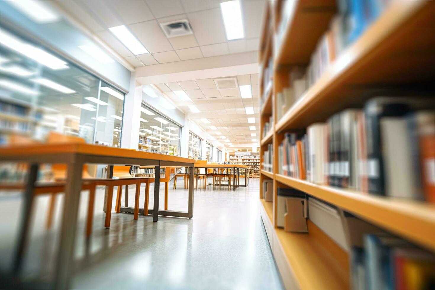 Bookshelf in the library with bookshelves and blurred background, blurry college library. Bookshelves and a classroom in blurry focus, AI Generated photo