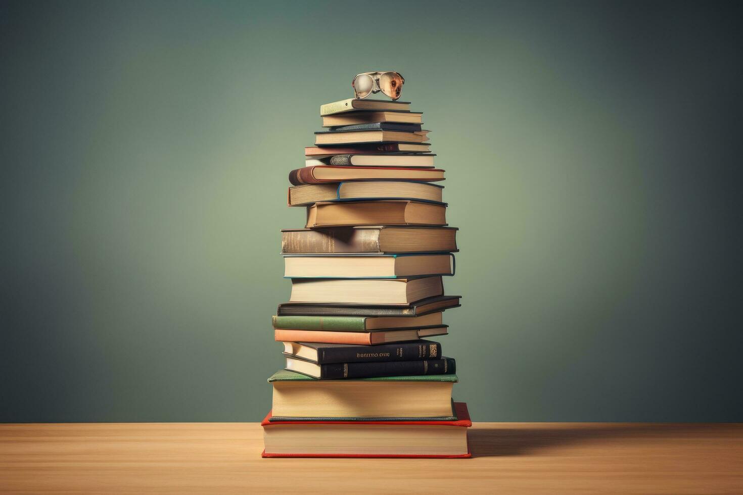Stack of books on wooden table. Education concept. Toned image, book stack with graduation head on top of the books with lots of empty space, AI Generated photo