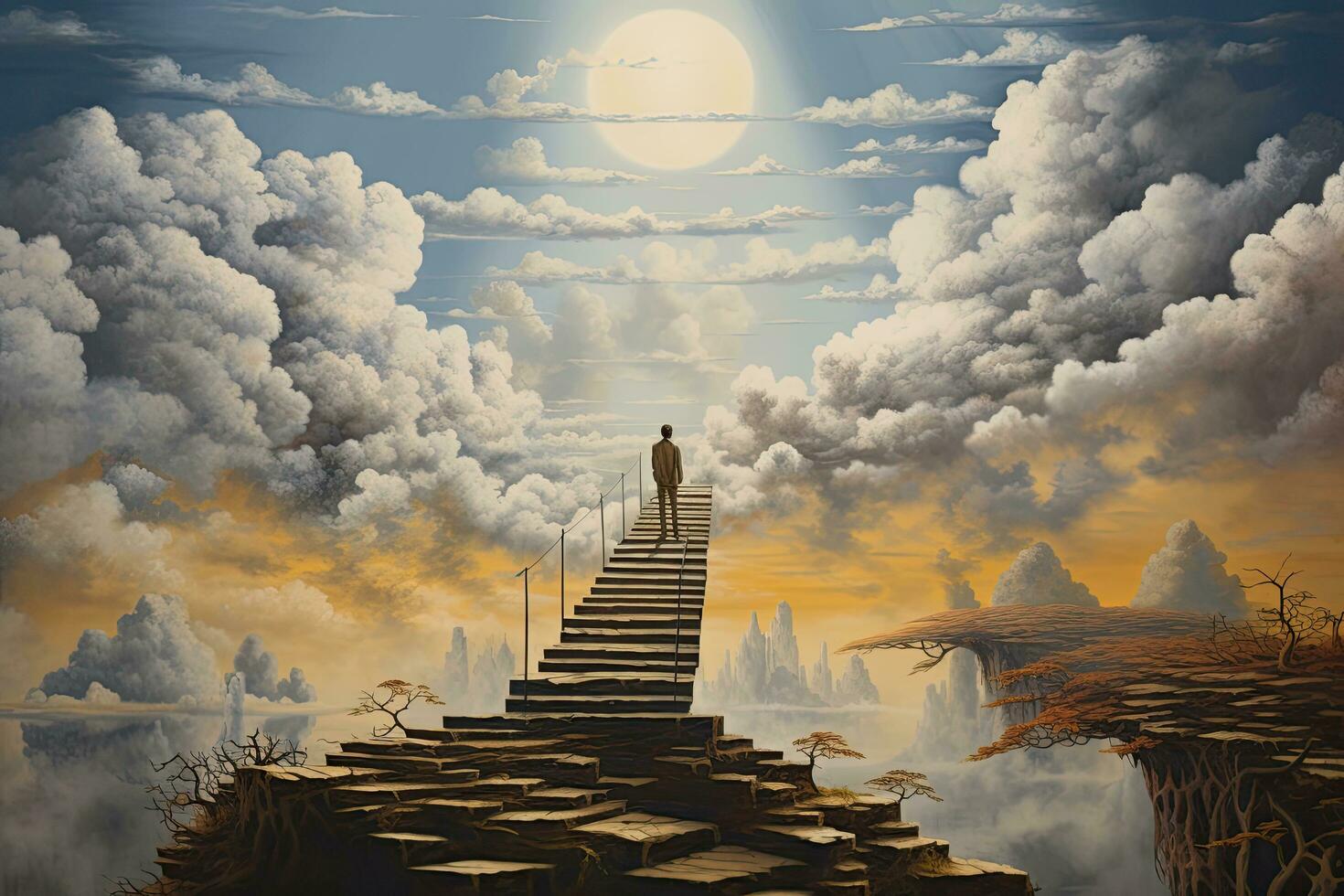Conceptual image of a man standing on the top of a stairway to heaven, breathtaking painting capturing the beauty of the cloudy sky, AI Generated photo