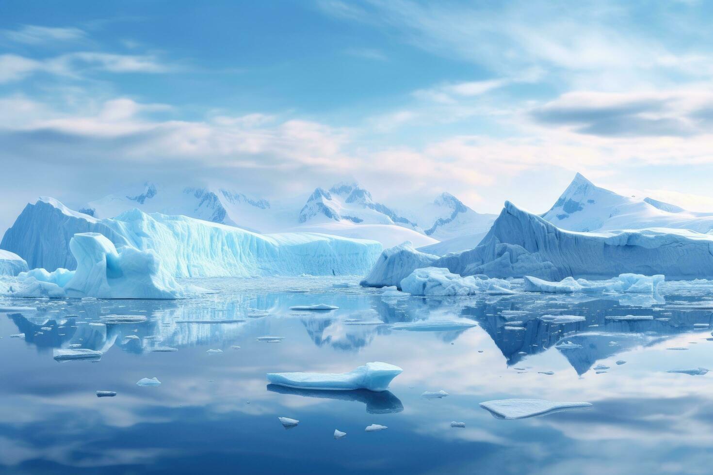 Icebergs in the blue sky. 3d render illustration, Blue Ice covered mountains in south polar ocean. Winter Antarctic landscape, AI Generated photo