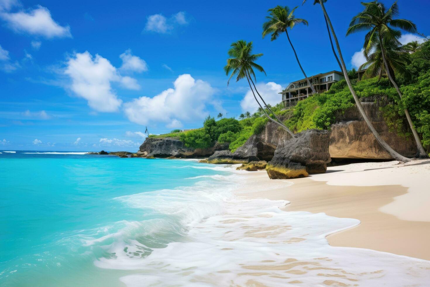 Beautiful beach Anse Lazio at Seychelles - nature background, Bottom Bay, Barbados - Paradise beach on the Caribbean island of Barbados, AI Generated photo