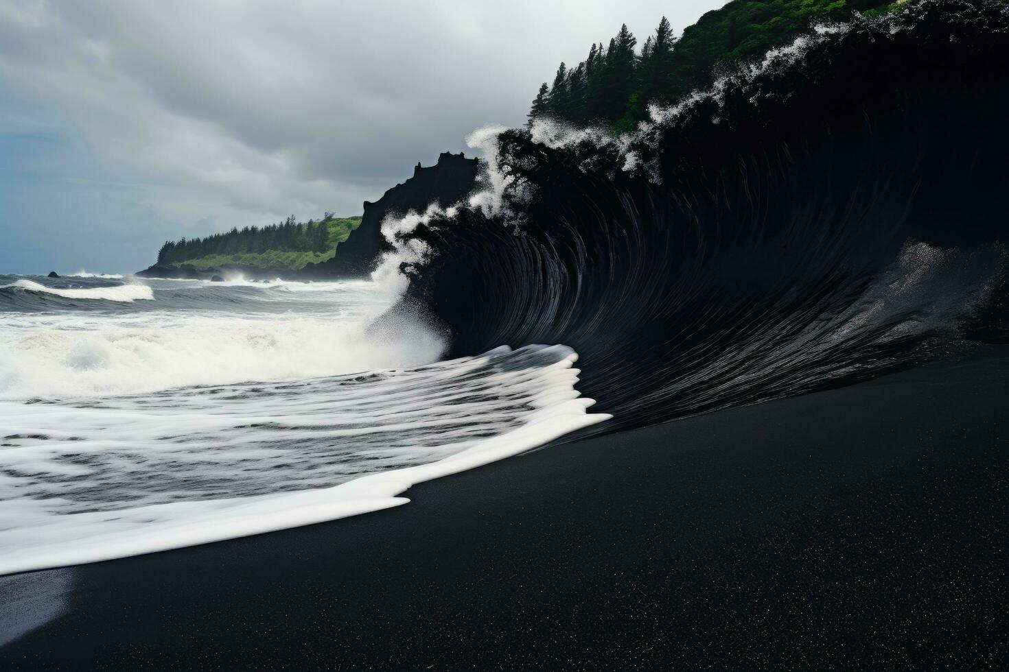 Waves breaking on black sand beach in Hawaii, Big Island, Silhouettes of tourists enjoying the black sand beach and ocean waves, AI Generated photo