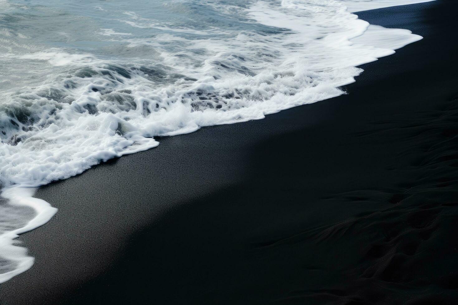 Black sand beach in Iceland with waves crashing on the black sand, Silhouettes of tourists enjoying the black sand beach and ocean waves, AI Generated photo