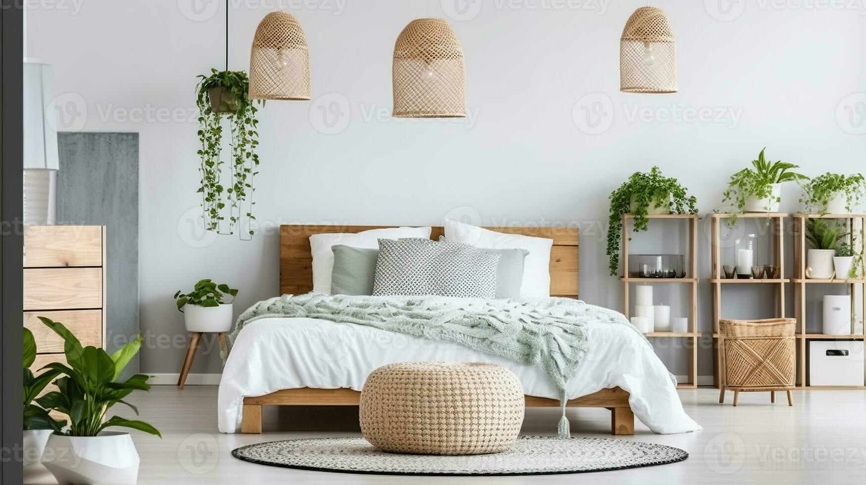 Patterned Pouf and Basket Aligned with Lamps, Plants, and Poster in the Bedroom photo