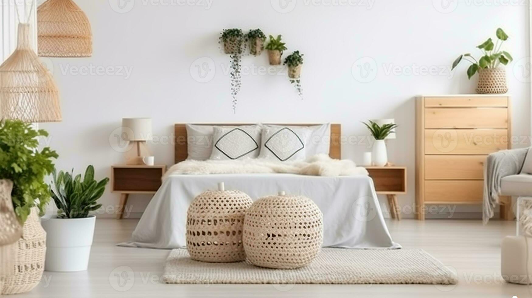 Patterned pouf in bright bedroom interior with lamps, plants and poster next to bed photo