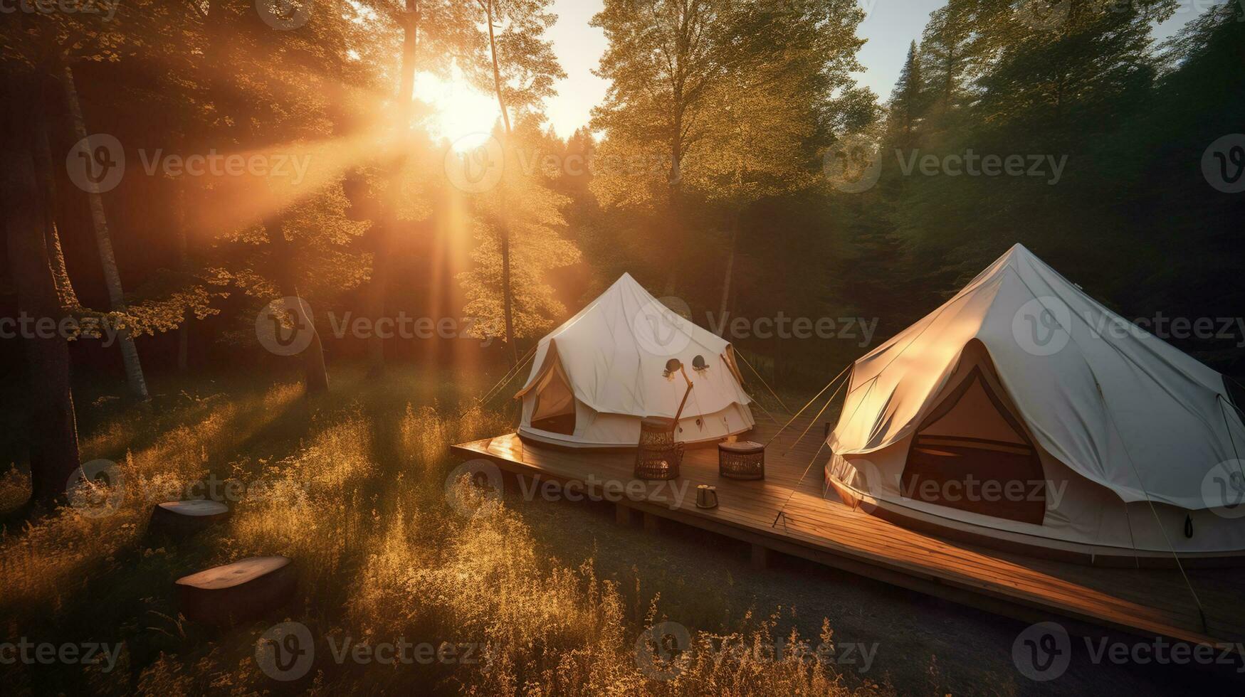 Glamping in the Early Morning Glow. Generative AI photo