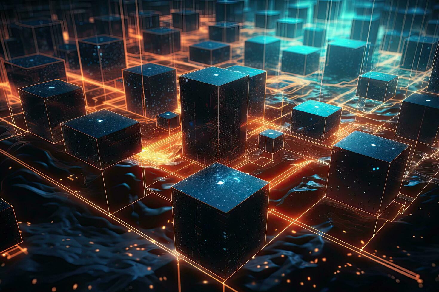 Abstract 3d rendering of glowing cubes in space. Futuristic background, Blockchain on a data computation layer, AI Generated photo