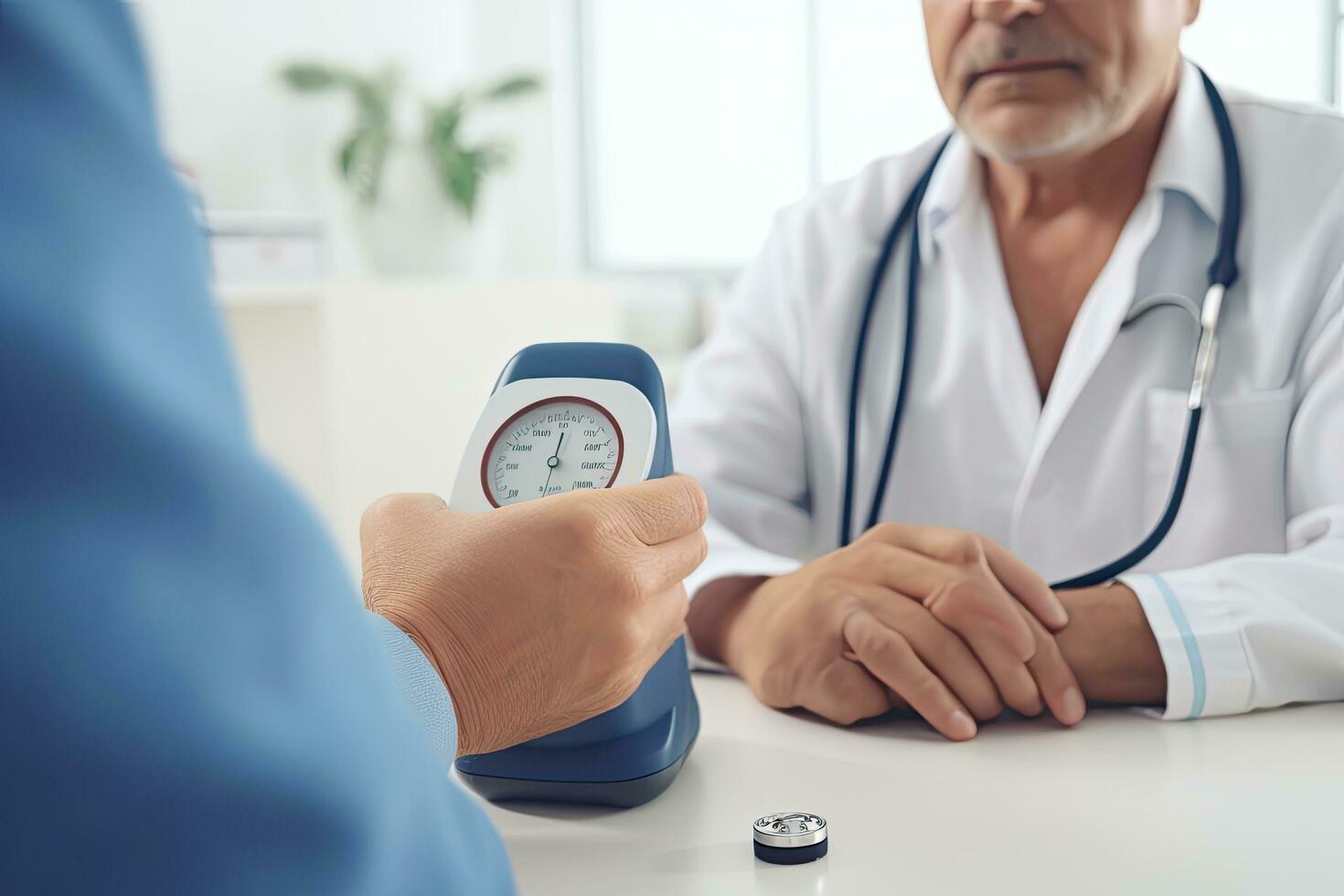 Doctor measuring blood pressure of senior patient in hospital. Medical and healthcare concept. Blood pressure monitor in the medical office. The doctor monitoring Blood pressure, AI Generated photo