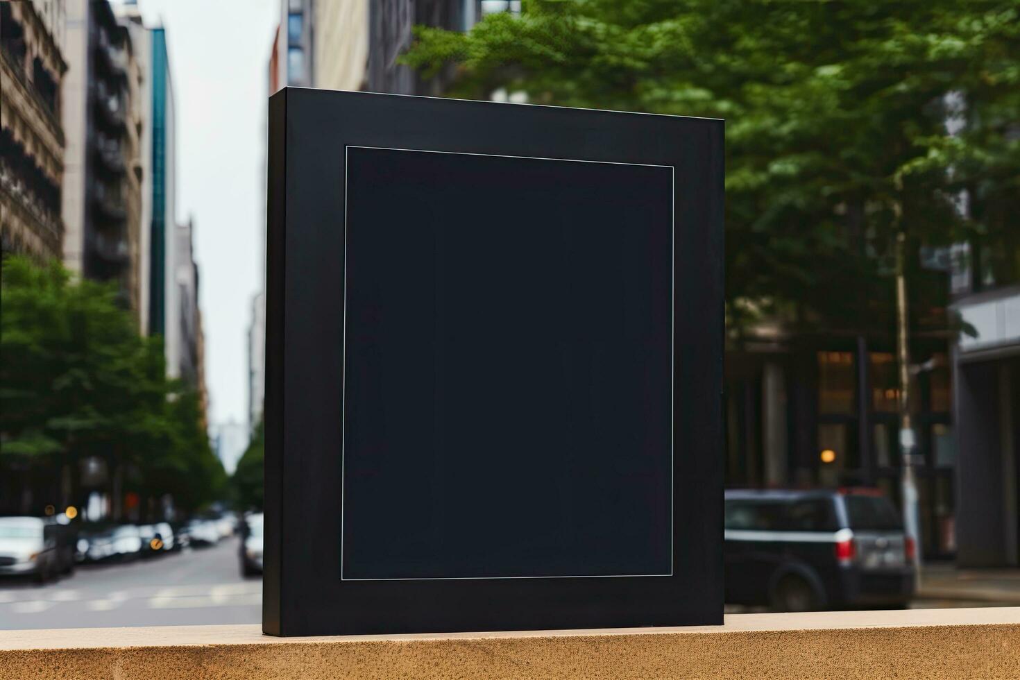 Blank black billboard on city street. Mock up, 3D Rendering, Black square signboard mockup outside of a building, AI Generated photo