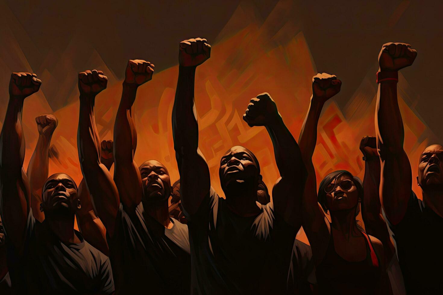 Silhouette of a group of soccer players with their arms raised, black Fists raised for equality photo