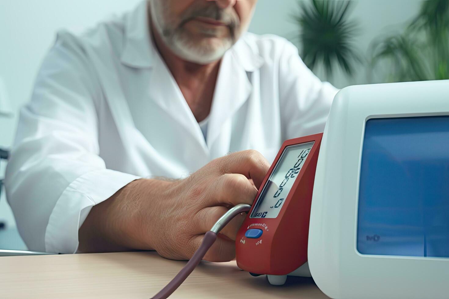 mayor masculino médico medición sangre presión de paciente con digital sangre presión monitor, sangre presión monitor en el médico oficina. el médico supervisión sangre presión, ai generado foto