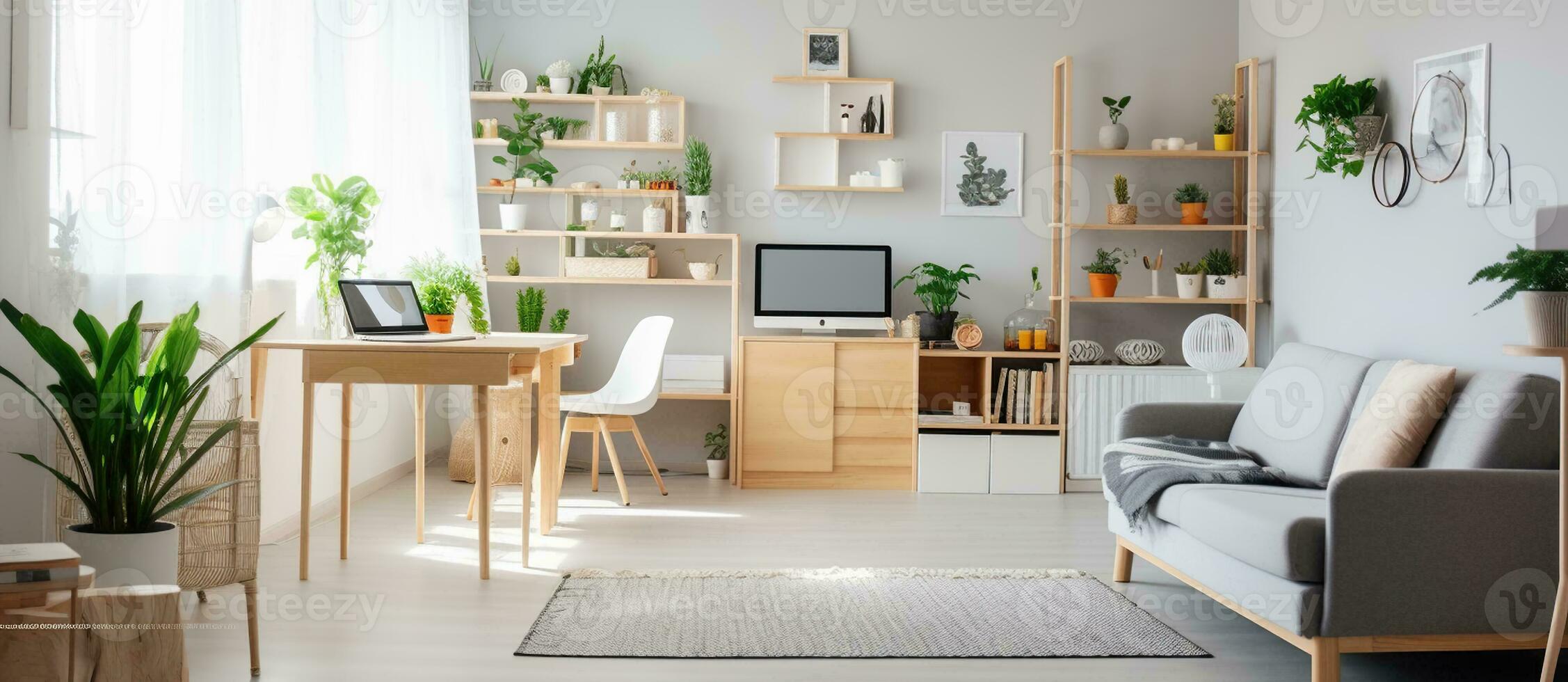 Modern Comforts. White Flat Interior Featuring Grey Sofa and Wooden Accents photo