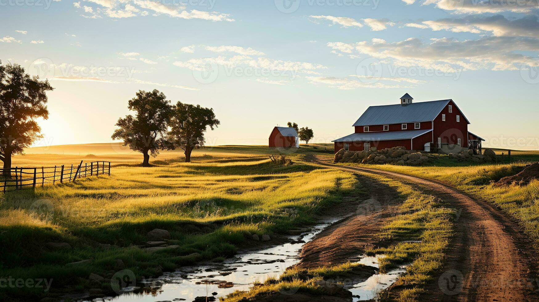 Journey Through Rustic Beauty, dirt road between rustic barns on a beautiful farm photo