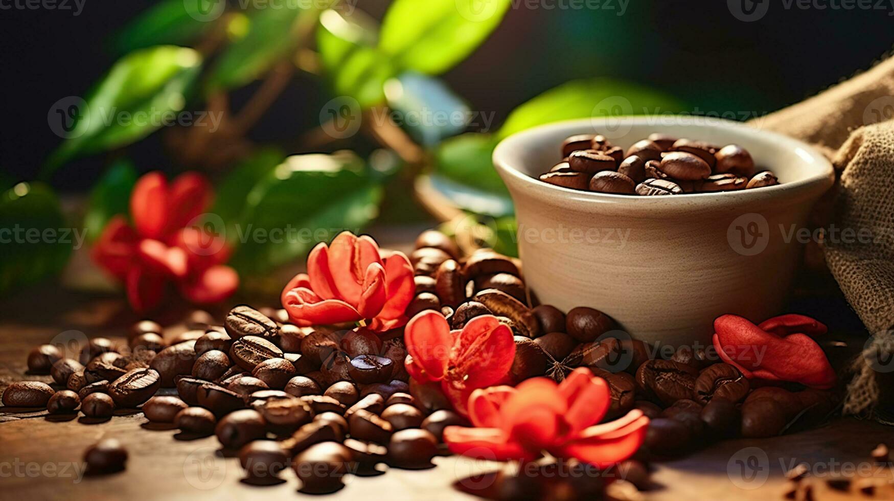 Coffee beans with real coffee fruits, flowers and leaves on wooden table photo