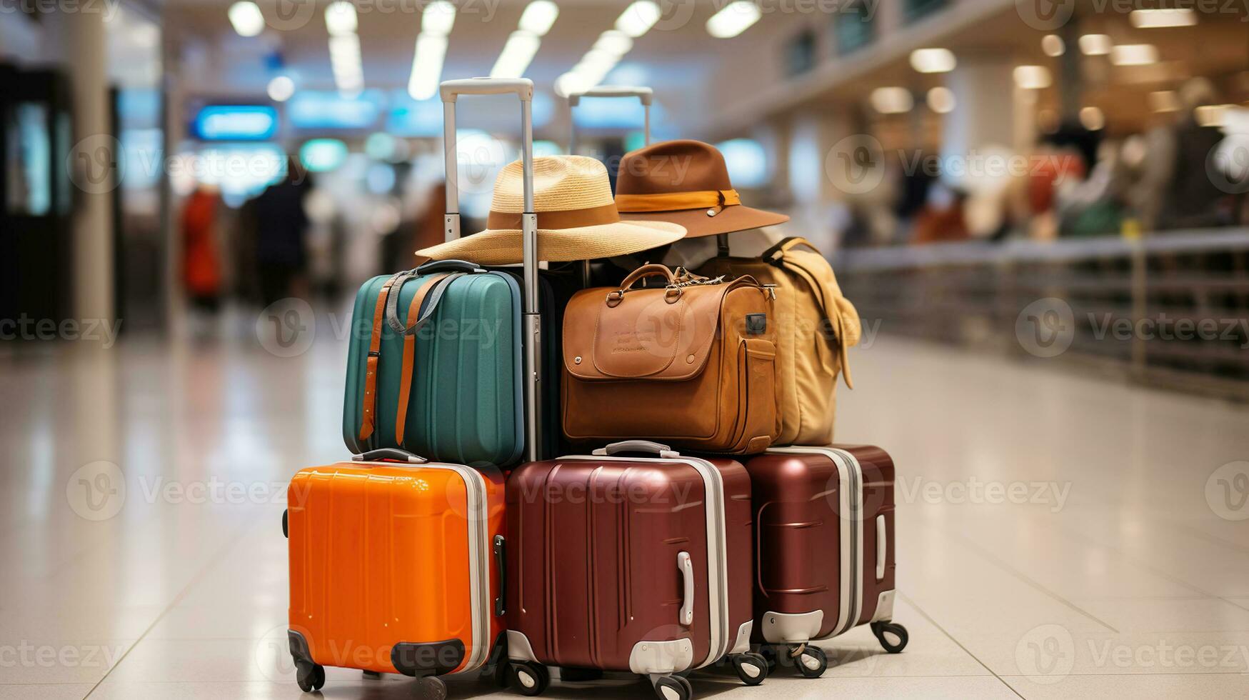 Trolley with suitcases and hat in airport terminal. Generative AI photo