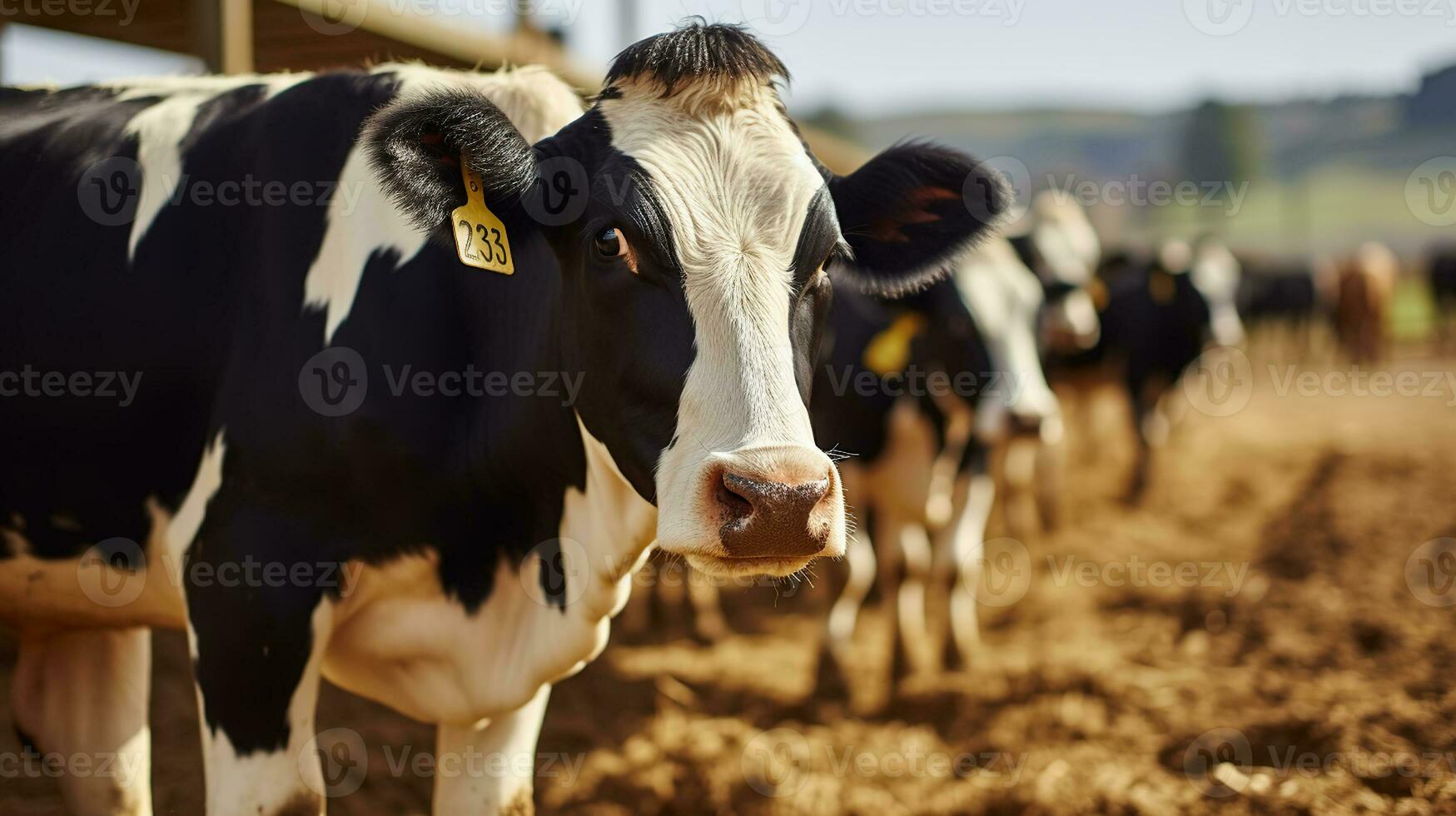 negro y blanco vacas con números comiendo césped en establos y joven granja trabajadores en pie y comunicado a antecedentes. agricultura y moderno vaca granja concepto foto