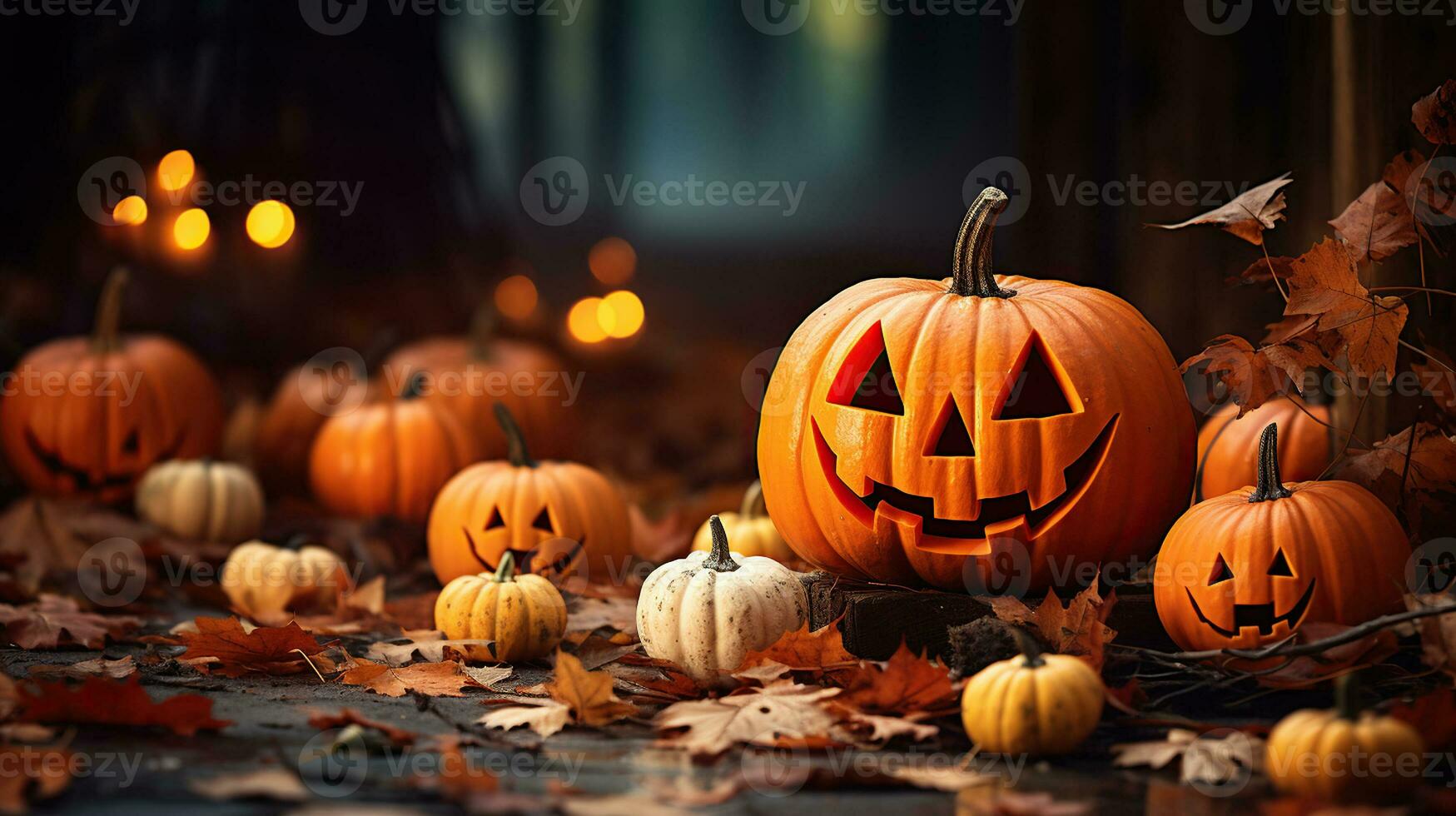 Halloween Magic. Jacko'Lantern Shines Among Autumn Pumpkins and Leaves. Generative AI 30759804
