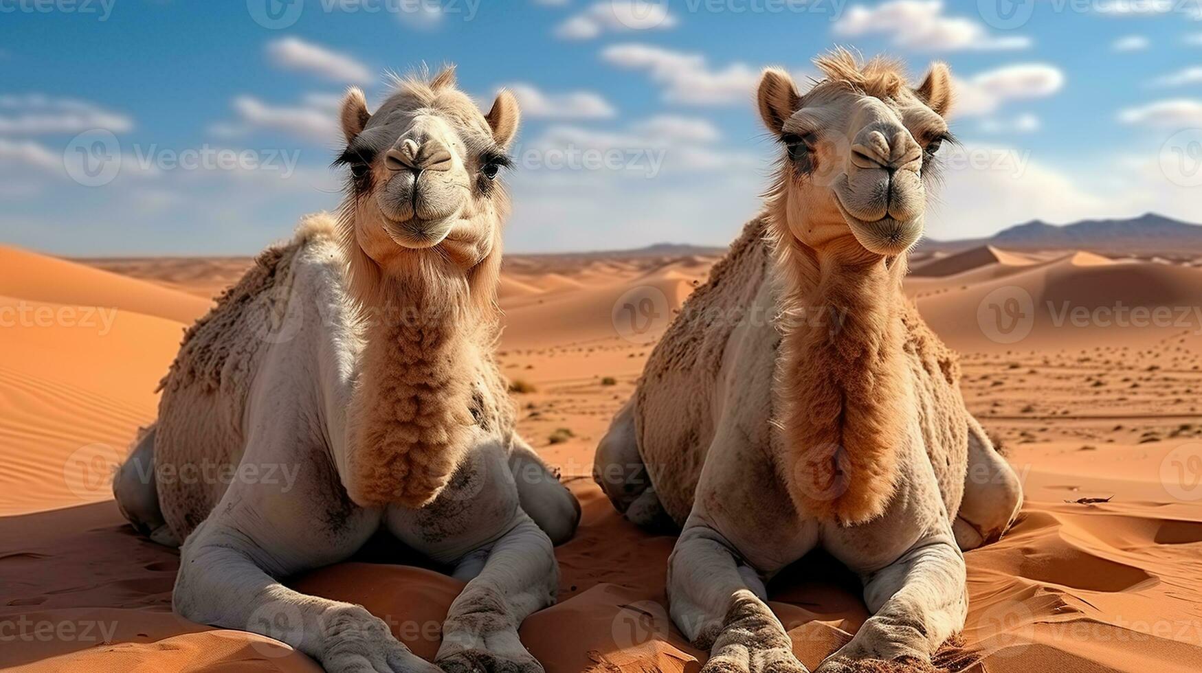 Calm Amidst the Dunes. Two Camels at Ease in the Desert Sands photo